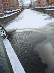 The rivers starting to freeze.  This is by our apartment.