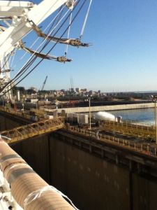 The city off the water side of the dry dock.